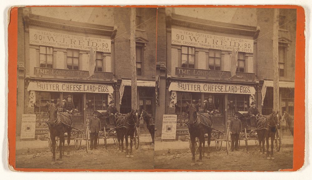 Exterior view of storefront of the duplex of W.J. Reid Company and The London Tea Company, men in horse-drawn wagon in front…