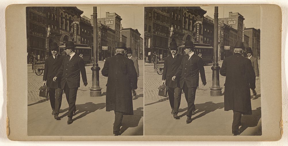 Louis Parker and Fred Myers in background on right corner State and Pearl Sts. Albany, N.Y. 1916 by Julius M Wendt
