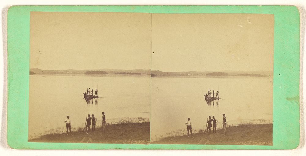 Men on raft with another group of men on shore