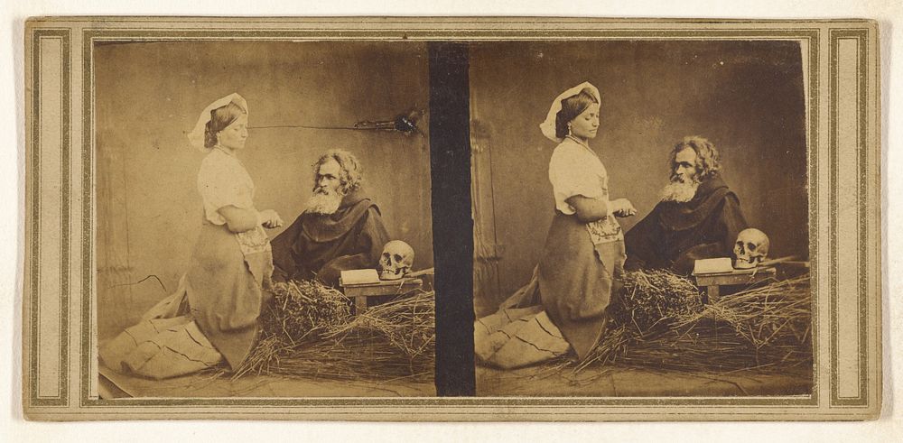 Genre: woman on knees in front of white bearded man, skull and open book on small table