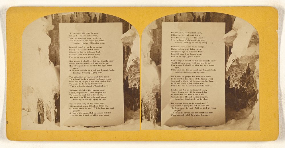 A printed poem about snow photographed with an icy background
