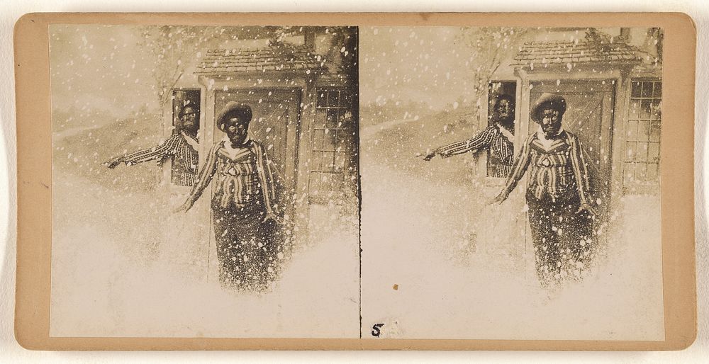 White men in blackface, one inside the house, the other caught outside in a snowstorm