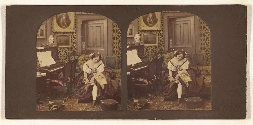 Innocence: woman seated in parlor fixing her shoe