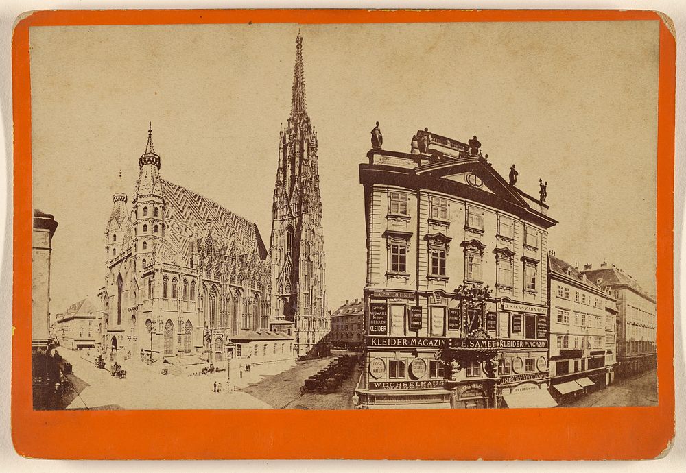 View of a cathedral and bank building at an unidentified German city