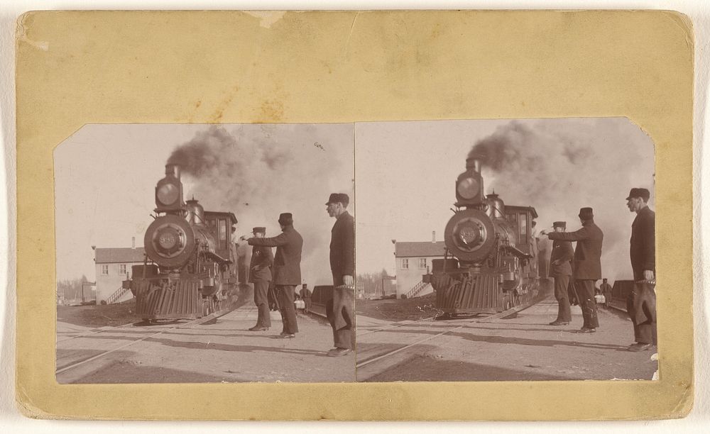 Old steam train, men near tracks, probably at Oostburg, Wisconsin by John Zierer