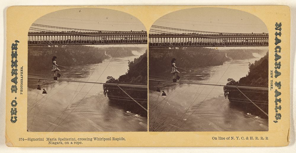 Signorini Maria Spelterini, crossing Whirl Pool Rapids, Niagara, on a rope. On line of N.Y.C. & H.R.R.R. by George Barker