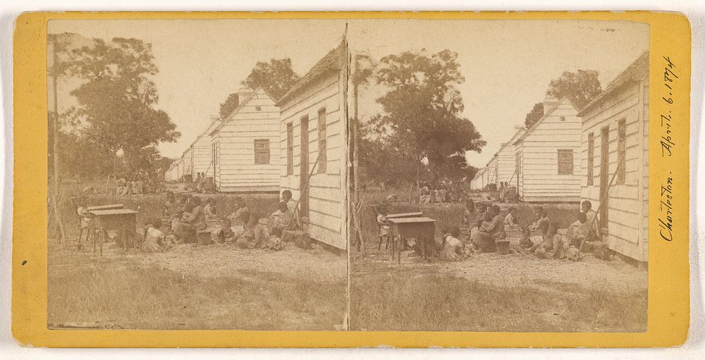A Plantation Scene, in South Carolina. This picture represents the Negro Quarters on a Plantation, as taken in 1860.