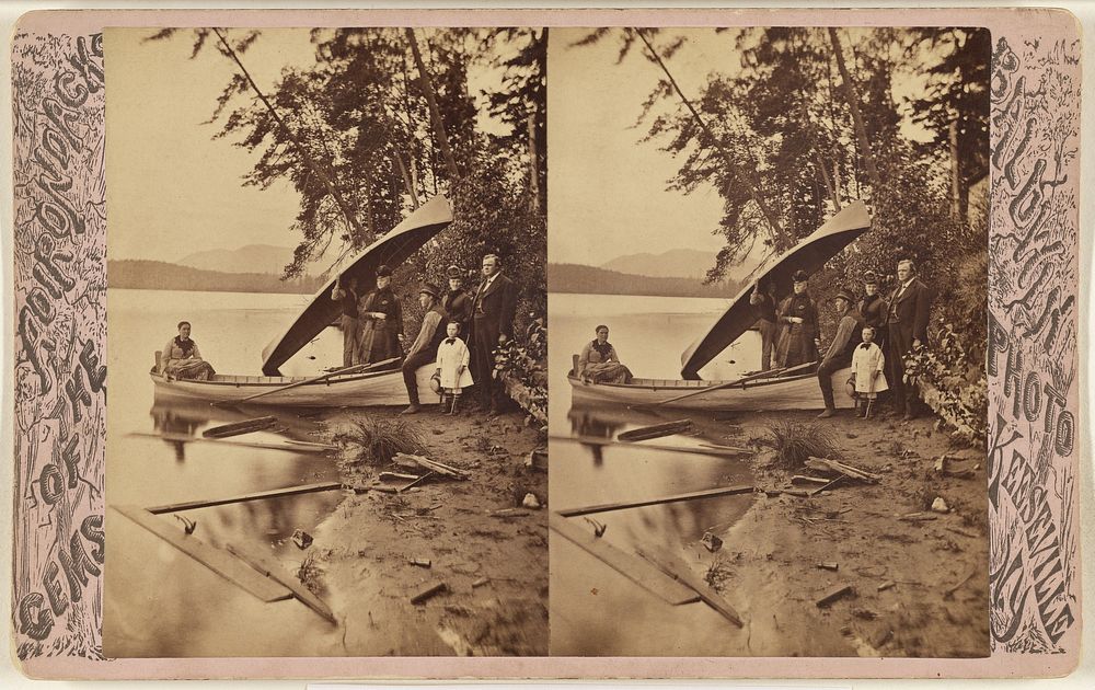 Family outing on a lake with canoes, Adirondacks by G W Baldwin