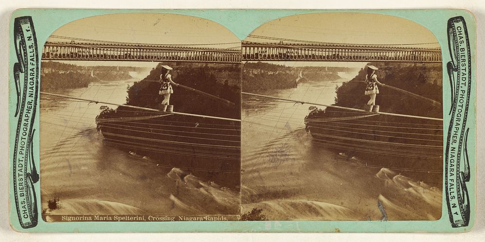 Signorina Maria Spelterini, Crossing Niagara Rapids. by Charles Bierstadt