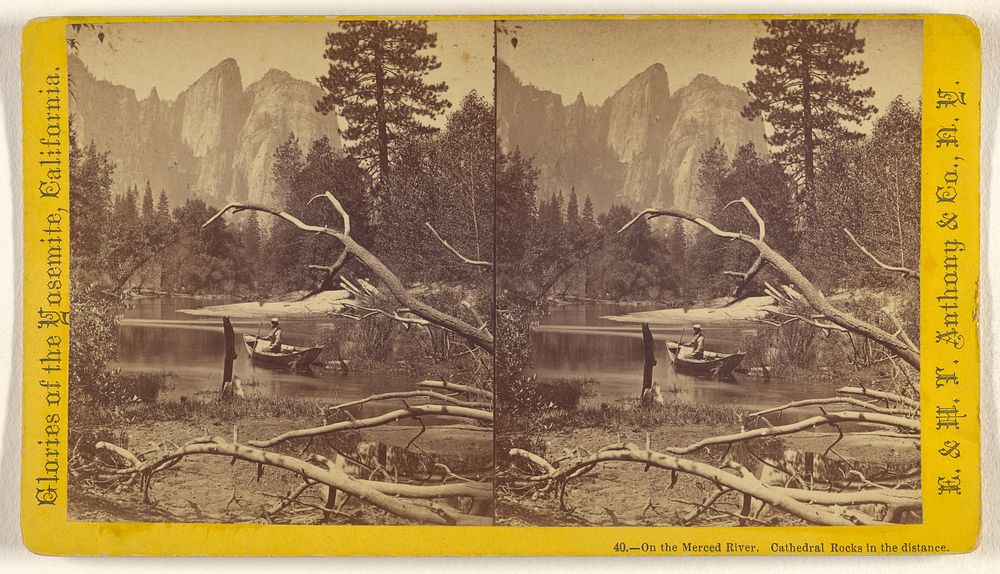 On the Merced River. Cathedral Rocks in the distance. by Edward and Henry T Anthony and Co