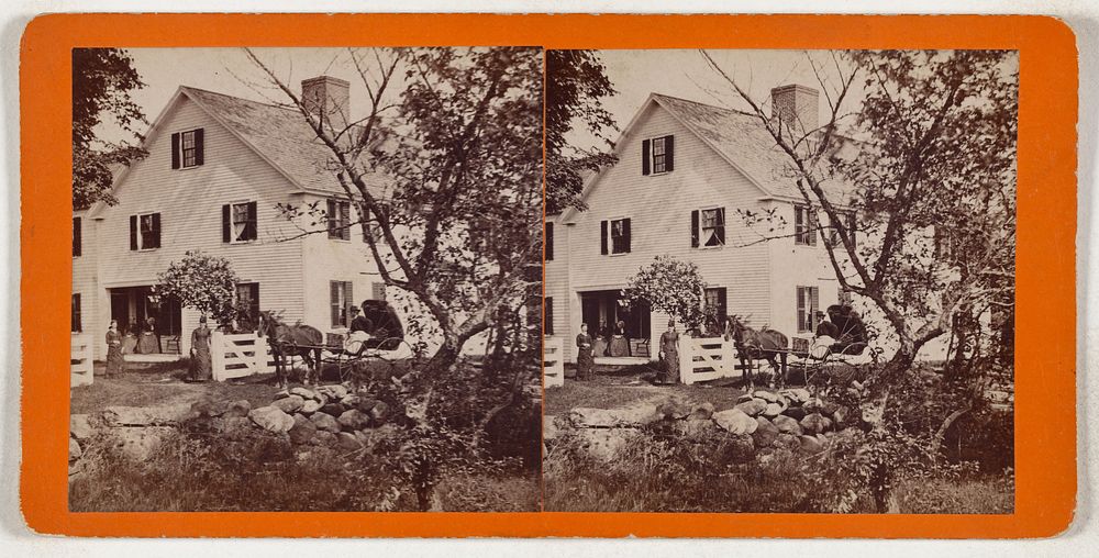 Family posed outside house, man seated in horse-drawn carriage, probably taken at Concord, New Hampshire by Carroll M Couch