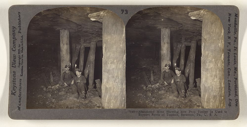Abandoned Mine Showing how Prop Timber Is Used to Support Roofs of Tunnels, Scranton, Pa., U.S.A. by Keystone View Co