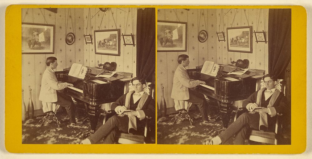 Parlor scene: one young man playing a piano, another seated with small notebook by John L Lovell