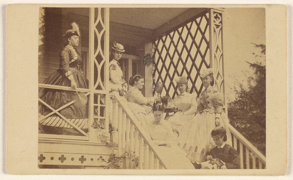 Seven women either seated or standing on a porch or stairs by George P Critcherson