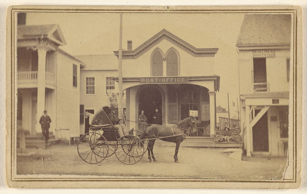 Man riding horse and buggy in front of post office by Ansel McIntosh