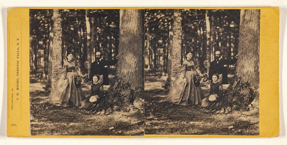 Three unidentified people in a forest setting: woman and man standing, another woman seated near a tree by John Robert Moore