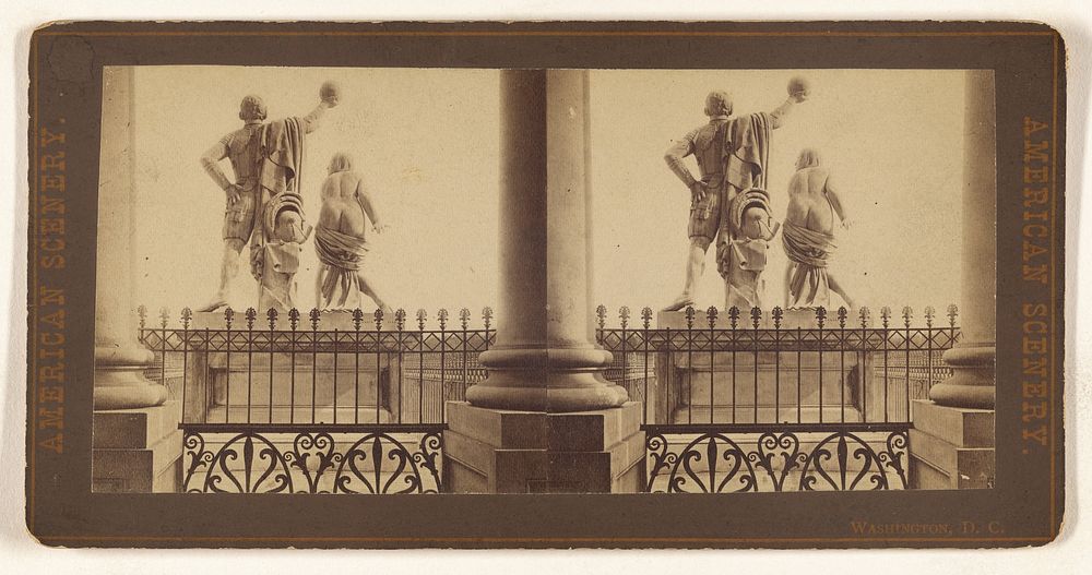 Washington, D.C. [back view of two sculpture from an unidentified building balcony]