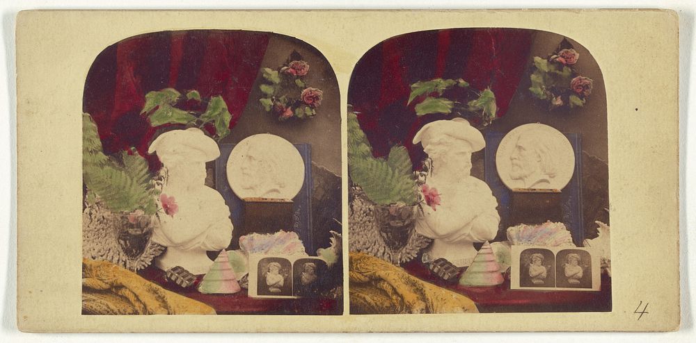 Still life of a bust, stereograph, flowers, and a medallion of Giuseppe (?)