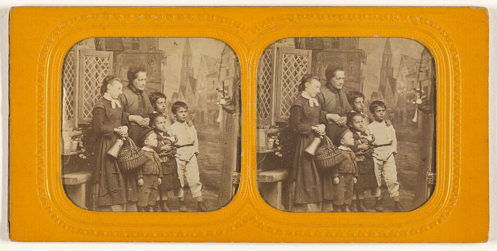 Group family portrait: elderly woman, older daughter, and four boys