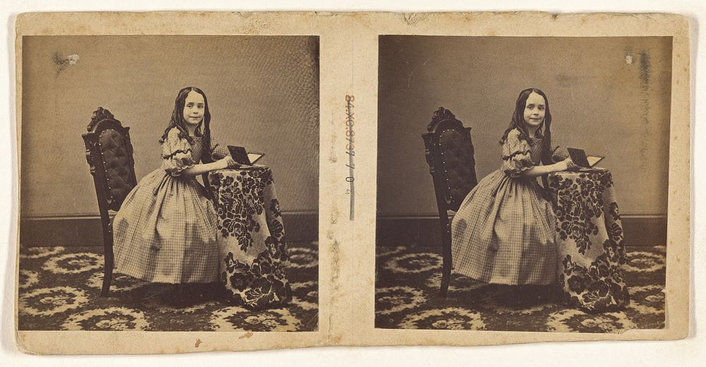 Little girl seated at a table with a cased daguerreotype opened] (recto); [Three men in a parlor, two seated] (verso