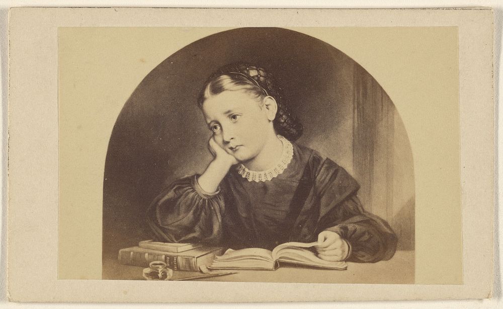 Copy of a painting of a dejected looking young girl reading a book at a table