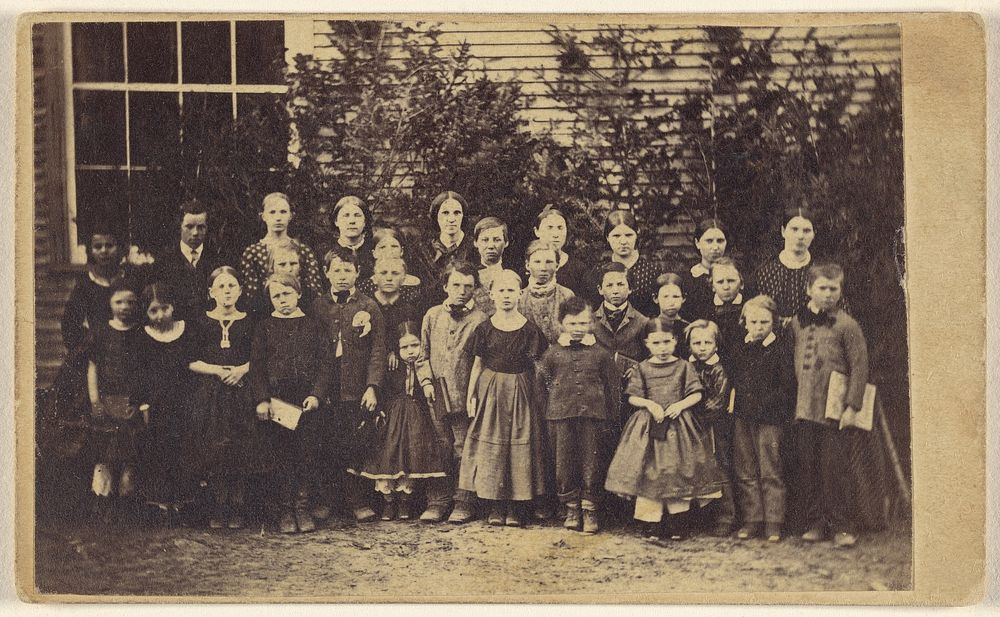 Large group of school children with teachers, all standing