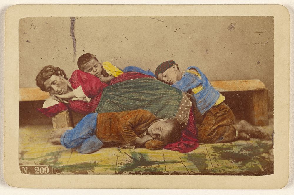 Gypsy mother and three children alseep on bench and ground by Giorgio Conrad