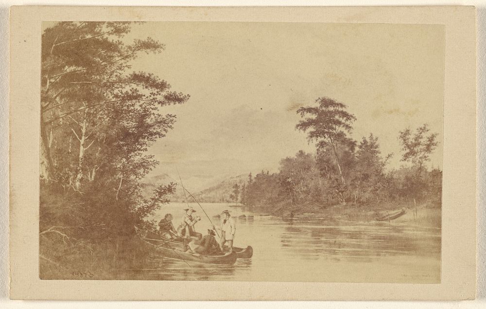 Painting of men fishing from two canoes by William Notman