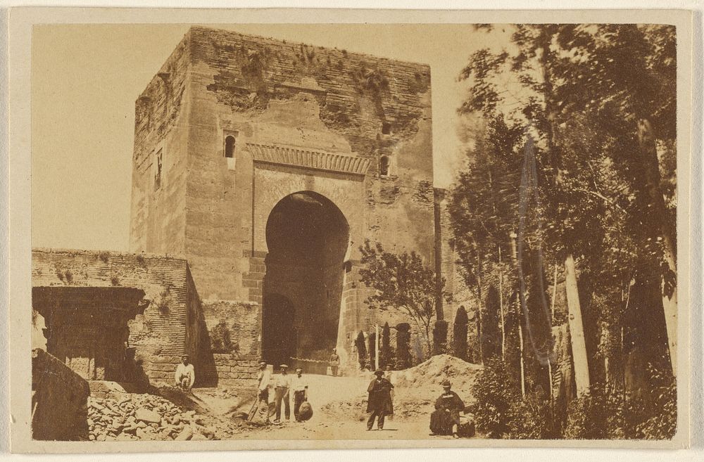The entrance to the Alhambra, with workmen in front