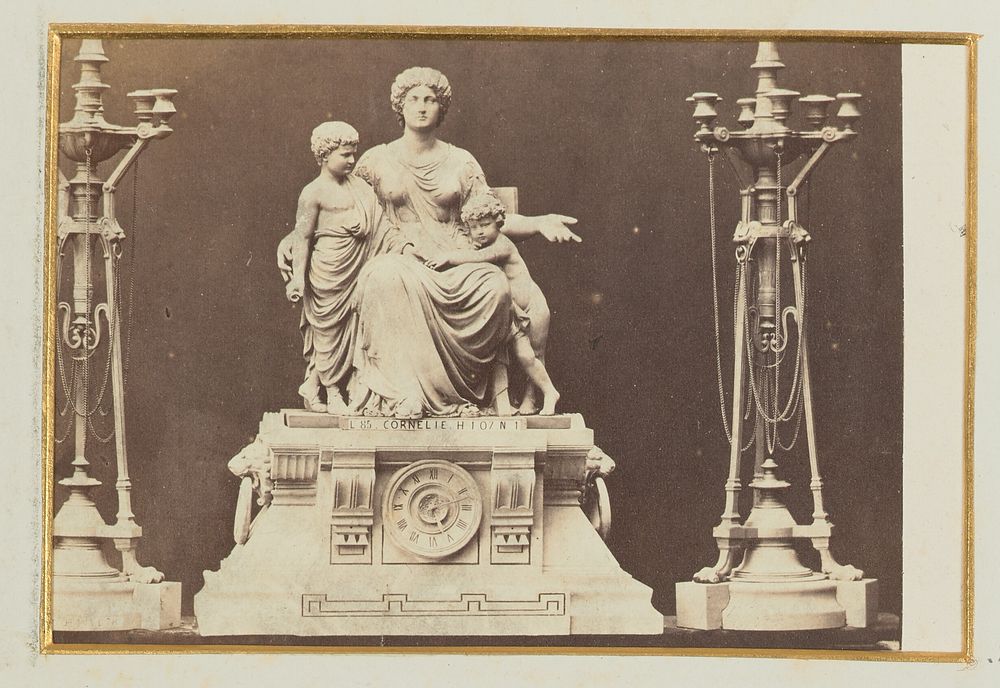 Sculpture of a mother with two children, clock at base between two large candelabras by Alexander Nichol
