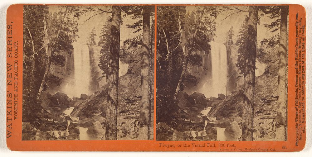 Piwyac, or the Vernal Fall at low water, 300 feet, Yosemite Valley, Mariposa County, Cal. by Carleton Watkins