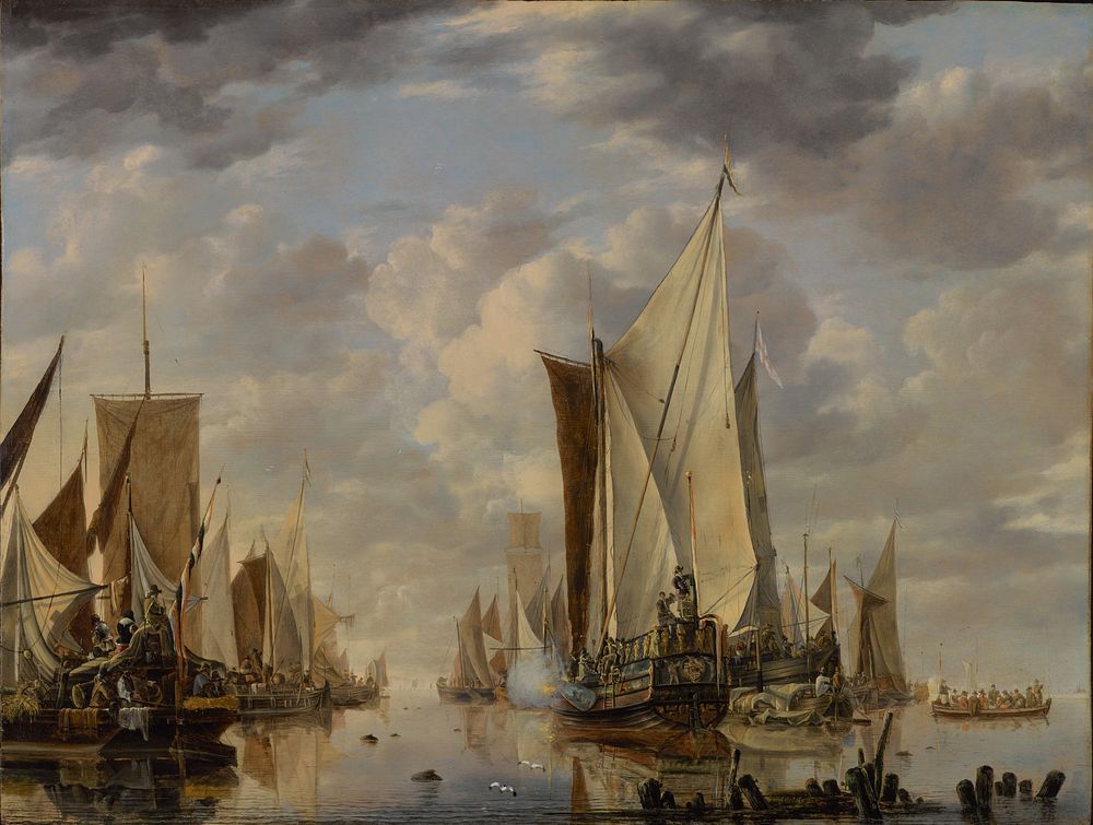 Shipping in a Calm at Flushing with a States General Yacht Firing a Salute by Jan van de Cappelle
