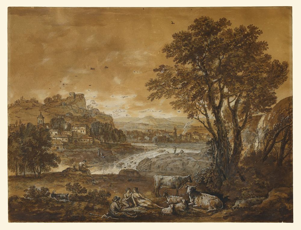 A Landscape with Shepherds Resting Under a Tree by a Cascade (recto); Sketch of a Landscape (verso) by Francesco Zuccarelli
