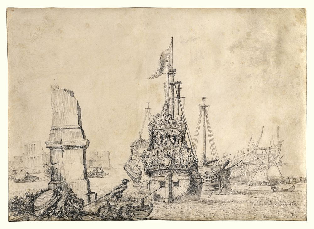 A ship in a port near a ruined obelisk by Pierre Puget