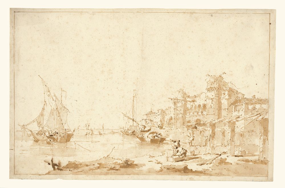 An Imaginary View of a Venetian Lagoon, with a Fortress by the Shore by Francesco Guardi