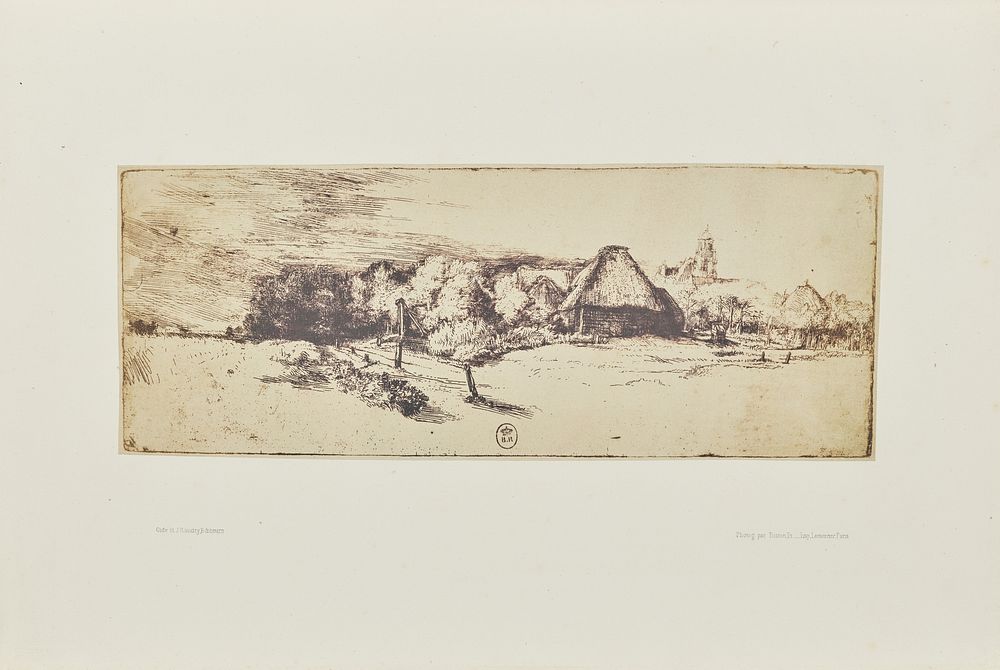 Landscape with trees, farm buildings and a tower by Bisson Frères