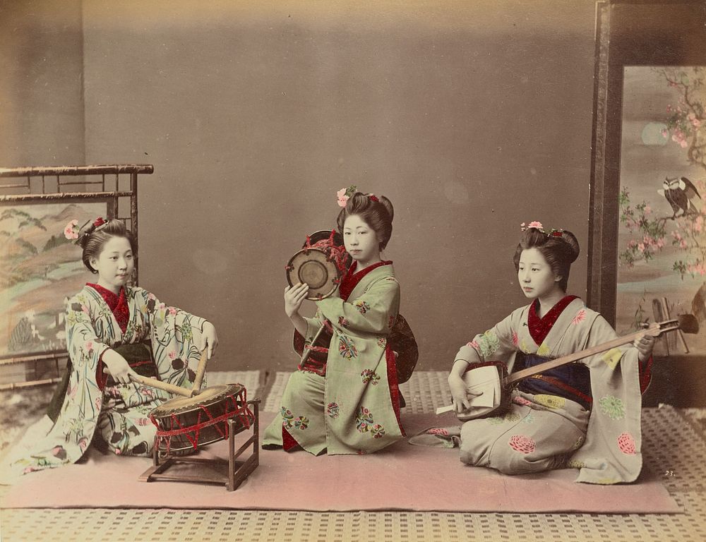 Girls Playing Samisen and Fluya by Kusakabe Kimbei
