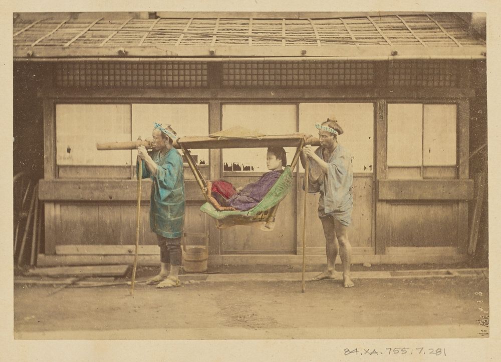 Japanese woman being carried by two Japanese men in a kago by Felice Beato and Baron Raimund von Stillfried