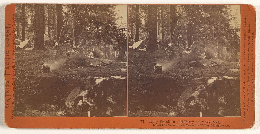Lady Franklin and Party on Moss Rock, below the Vernal Fall, Yosemite Valley, Mariposa County. by Carleton Watkins