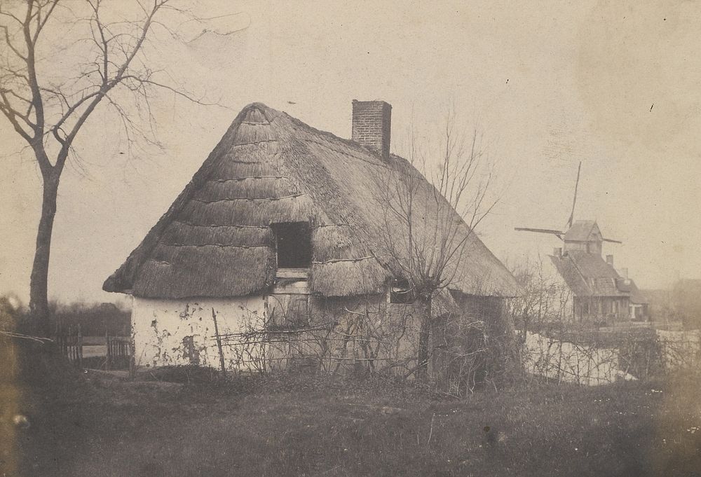 Thatched-roof Building with Windmill by Louis Désiré Blanquart Evrard