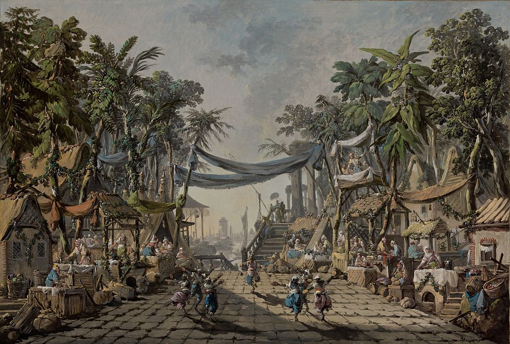 Market Scene in an Imaginary Oriental Port by Jean Baptiste Pillement