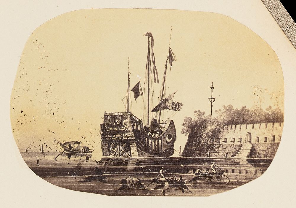 Photographic Copy of a Drawing of a Moored Ship Next to a Fort