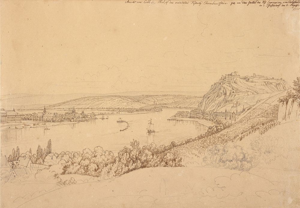 View of Koblenz with the Rhine and Fortress Ehrenbreitstein (recto); View of the Heidelberg Castle (verso) by Johann Adam…