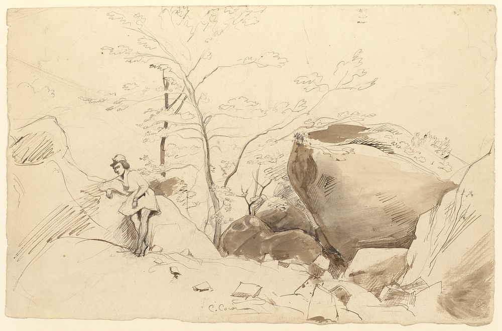 Fontainebleau, Figure Leaning Against a Rock by Jean Baptiste Camille Corot
