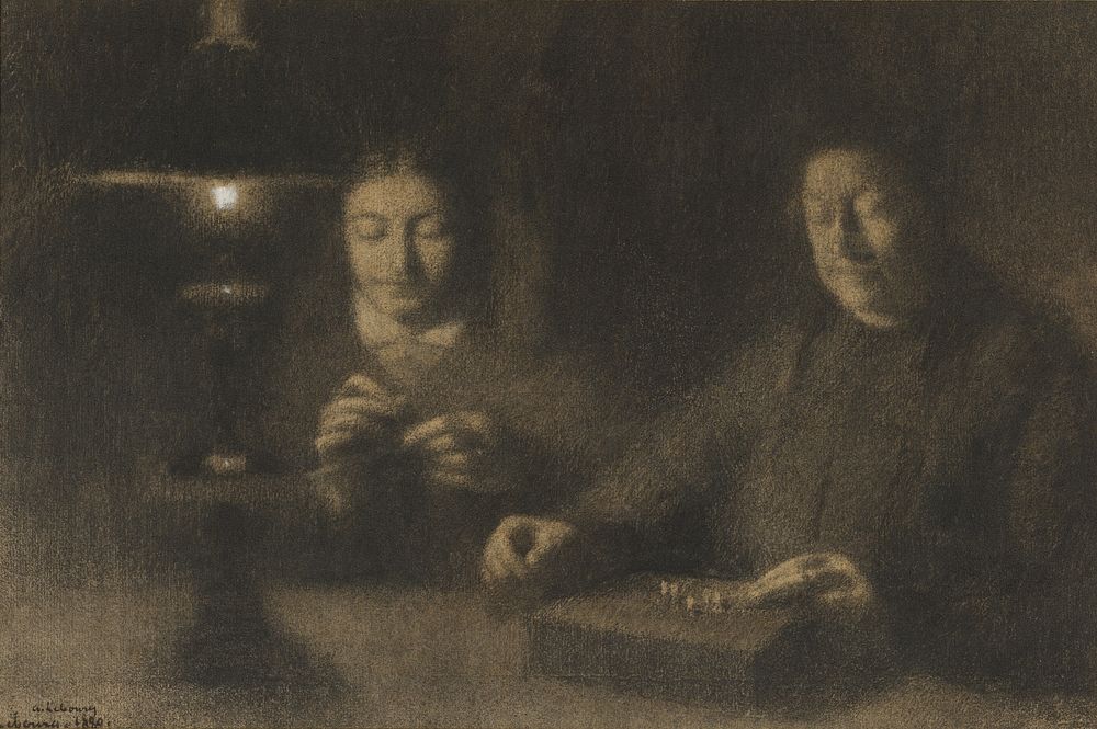 The Mother and Wife of the Artist Sewing by Lamplight (La mère et la femme de l'artiste cousant à la lumière d'une lampe) by…