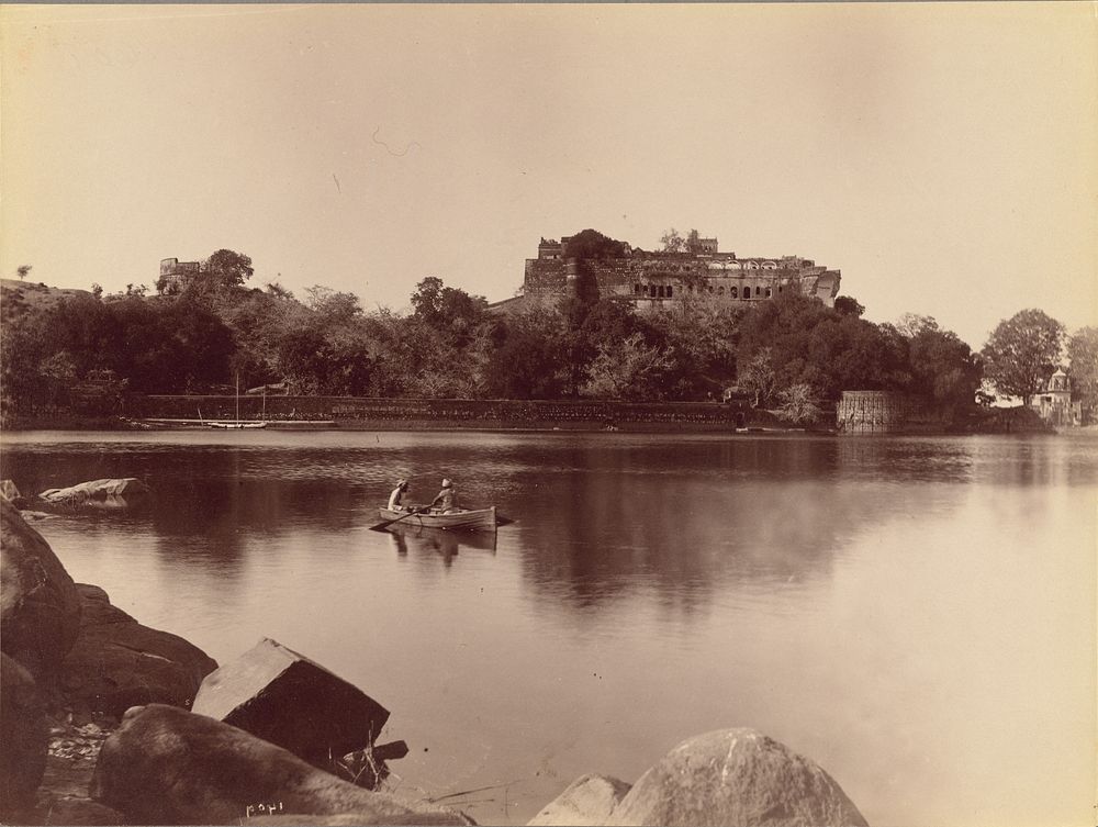 Temple in Distance with Boaters in Foreground by Lala Deen Dayal