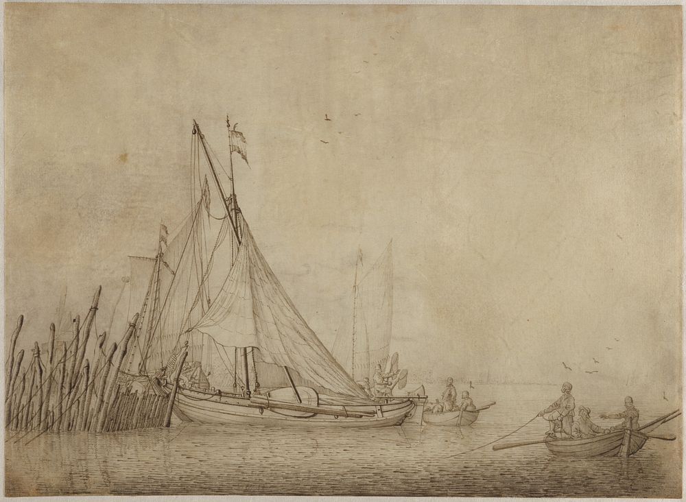Ships at a Fishing Weir with a City in the Background by Hendrick Dubbels