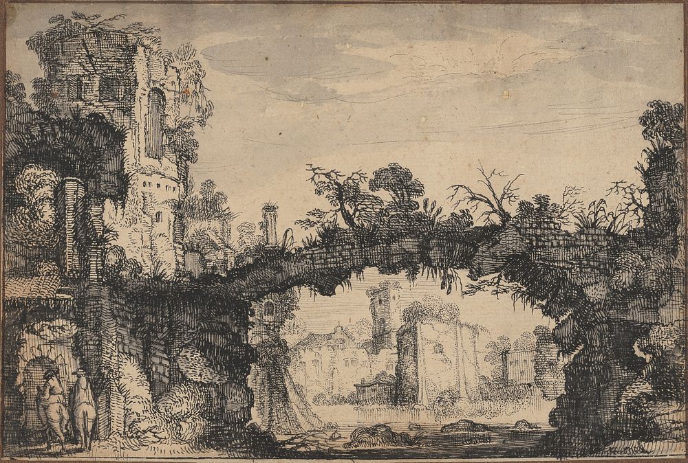 Landscape with Ruins (recto); Head of a Woman and Animals (verso) by Jan van de Velde