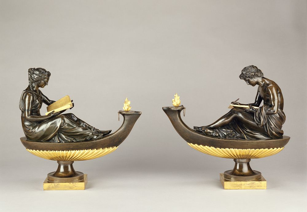 Pair of decorative bronzes with the figures of L'Etude and La Philosophie by Pierre Philippe Thomire and Louis Simon Boizot
