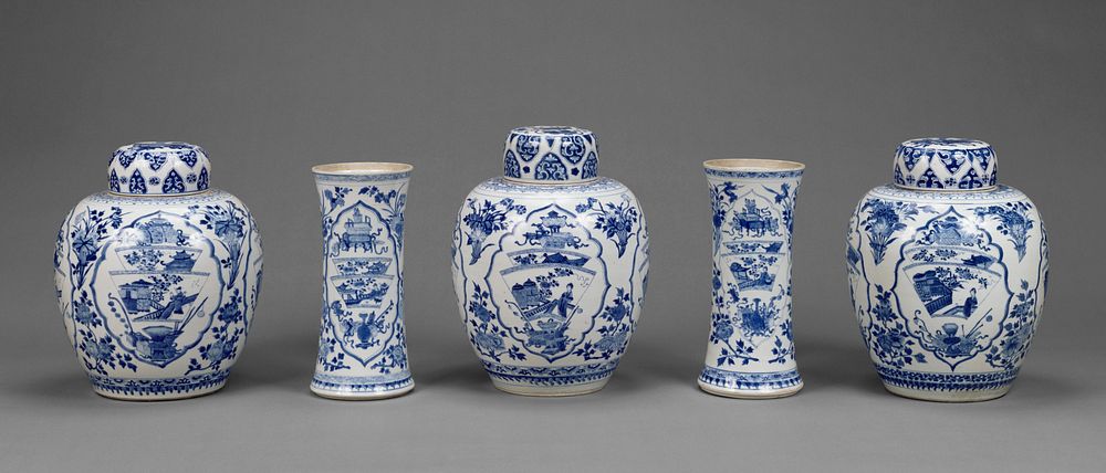 Garniture of Three Lidded Vases and Two Open Vases